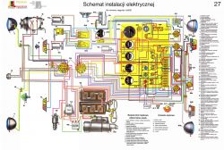 Schemat instalacji elektrycznej pojazdu zamieszczony na kartce z numerem strony 27, z opisanymi komponentami i przewodami.