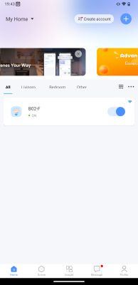 Screenshot of the eWeLink app showing device B02-F turned ON in the My Home section.