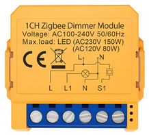 Orange 1CH Zigbee dimmer module with technical specifications.