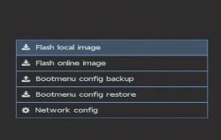 Menu z opcjami: Flash local image, Flash online image, Bootmenu backup, restore i Network config