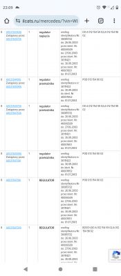 Zrzut ekranu z katalogu części samochodowych na stronie internetowej pokazujący różne numery części dla regulatorów do Mercedesa.