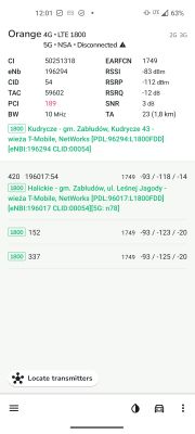 Zrzut ekranu z aplikacji NetMonster pokazujący parametry sieci LTE 1800 MHz dla Orange i T-Mobile w okolicach miejscowości Kudrycze i Halickie.