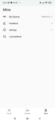 Zrzut ekranu z aplikacji INMO, pokazujący zakładkę Mine z opcjami: My Glasses, Feedback, Settings i Log feedback.