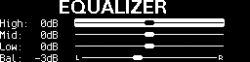 Black audio equalizer screen with sliders for High, Mid, Low, and Balance, plus L–R channel labels.
