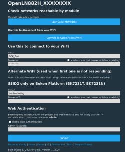 Screenshot of OpenLN882H web UI with Wi‑Fi SSID/password fields, SSID2, and web authentication settings