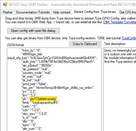 Screenshot of BK7231 Easy UART Flasher with JSON configuration data