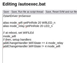 Screenshot showing an edited autoexec.bat file with commands related to WiFi and LED settings.