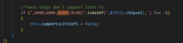 JavaScript code snippet listing chipsets without LittleFS support