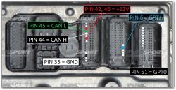 ECU connector with labeled pins: power, ground, CAN H, CAN L, and GPT0/GPT1.
