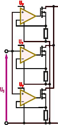Schemat trzykanałowego aktywnego obciążenia na MOSFET-ach Schemat trzech kanałów obciążenia: trzy wzmacniacze operacyjne sterują trzema MOSFET-ami z rezystorami pomiarowymi.