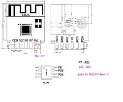 CB2S and BL0937 Pinout and Dimensions Pinout diagram and dimensions for CB2S module and BL0937 IC with annotation of functions.