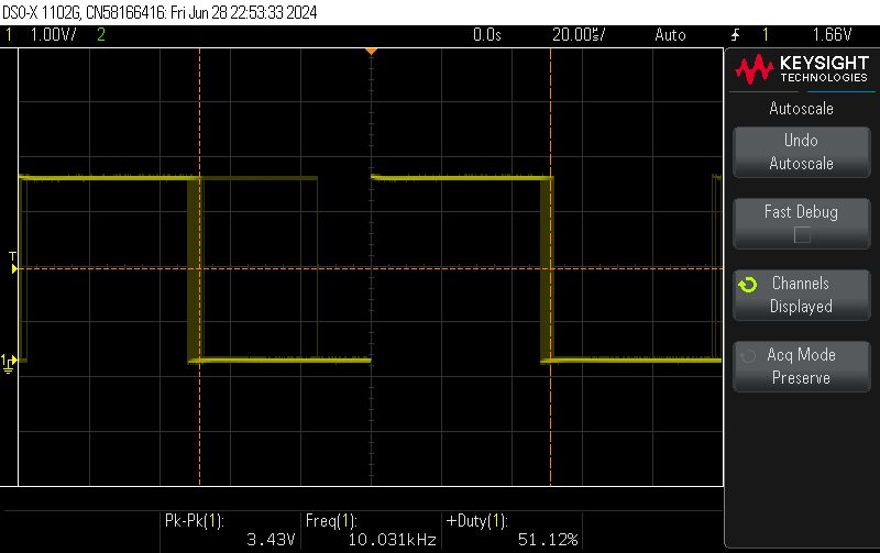 PWM Signal on Oscilloscope Oscilloscope screenshot showing PWM signal.