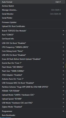 Configuration settings menu for the ESP32S3 Dev Module in the IDE.