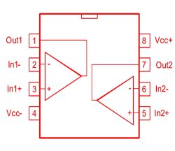 Schemat pinów układu LM358 Schemat wyprowadzeń układu scalonego LM358 z oznaczeniami pinów