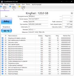 Zrzut ekranu z programu CrystalDiskInfo pokazujący szczegóły dysku SSD KingFast 120 GB.