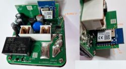 Opened Schneider 550B6000 plug showing electronic components on the PCB.