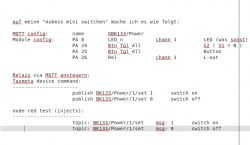 Screenshot der MQTT-Konfiguration für Aubess mini switch mit Tasmota- und node-red-Befehlen.