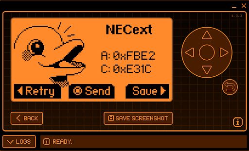 Screenshot of Flipper Zero displaying NEC IR codes.