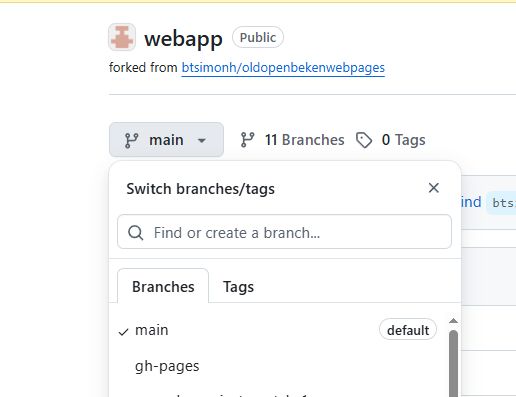Dropdown menu showing main and gh-pages branches in a GitHub repository