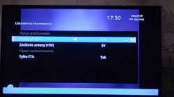Menu telewizora z ustawieniami skanowania, z widocznymi opcjami LCN i zasilania anteny.