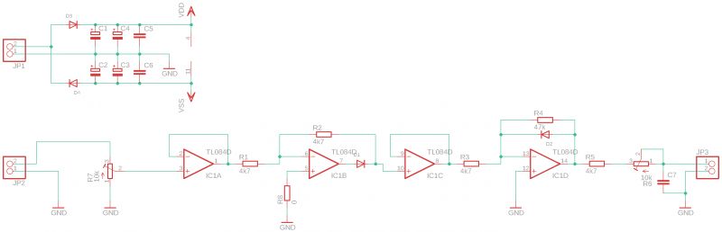 Electronic schematic with power supply, four TL084D op-amps, several resistors, capacitors, and diodes.