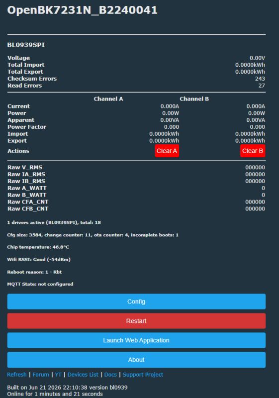 Screenshot of OpenBK7231N dashboard showing BL0939SPI readings and Config/Restart buttons