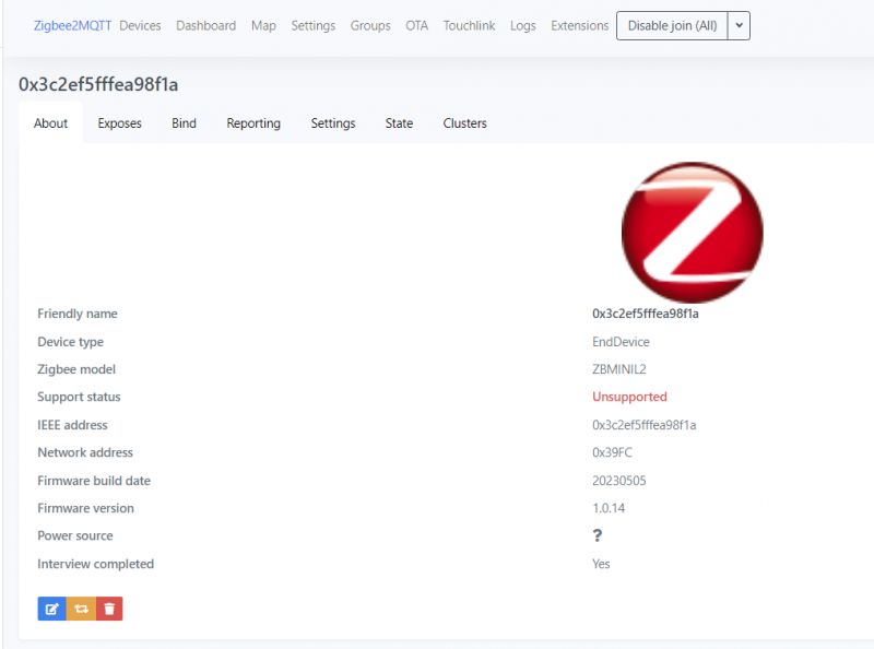 Screenshot of Zigbee2MQTT panel showing an unsupported device.