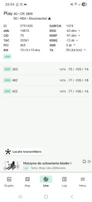 Zrzut ekranu z aplikacji pokazujący parametry sieci LTE 1800 MHz dla operatora Play