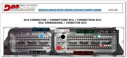 Diagram of Bosch EDC17C53 ECU connector with labeled pins for GPT1, GPT0, GND, CAN L, CAN H, and +12V.