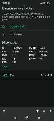 Zrzut ekranu aplikacji do testowania sieci, pokazujący wyniki pomiaru dla operatora Play na paśmie 3G 900 MHz z siłą sygnału -99 dBm.