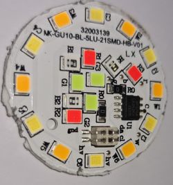 LSC RGBCW GU10 Printed Circuit Board Printed circuit board with multicolored LEDs and BK7231N chip.
