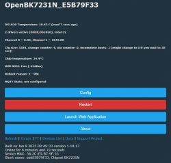 OpenBK7231N_E5B79F33 settings screen displaying temperature and Wi-Fi information
