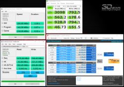 Cztery okna benchmarków pokazujące wydajność dysku SSD Samsung MZVLW128HEGR.
