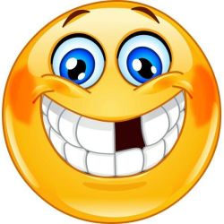 Large yellow smiley face with a wide toothy grin and big blue eyes on a white background