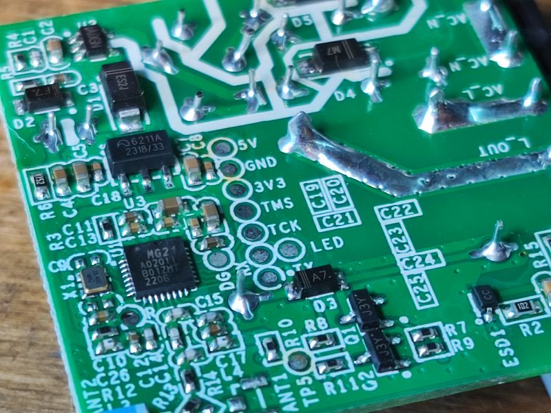 Sonoff ZBMini PCB Interior Close-up of the interior of a Sonoff ZBMini circuit board.