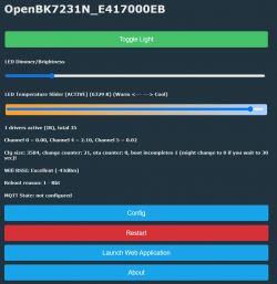 User interface of an application with options to control LED brightness and temperature.