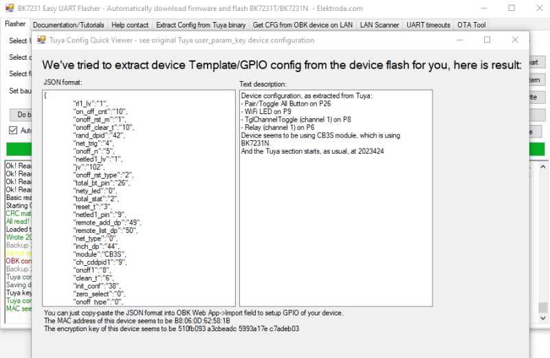 Extracted CB3S/BK7231N GPIO Configuration in BK7231 Easy UART Flasher Screenshot of BK7231 Easy UART Flasher showing the extracted GPIO configuration and device template for CB3S/BK7231N in JSON format and a text summary.