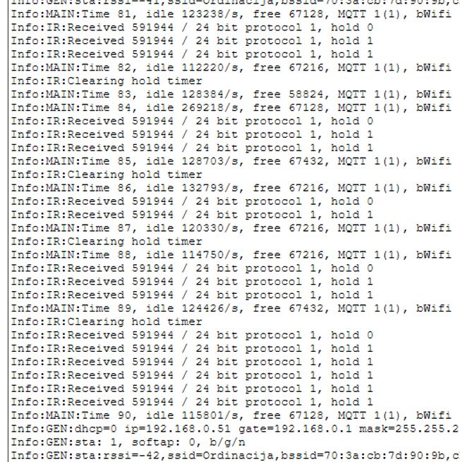 OBK console log showing received RF codes and MQTT connection details