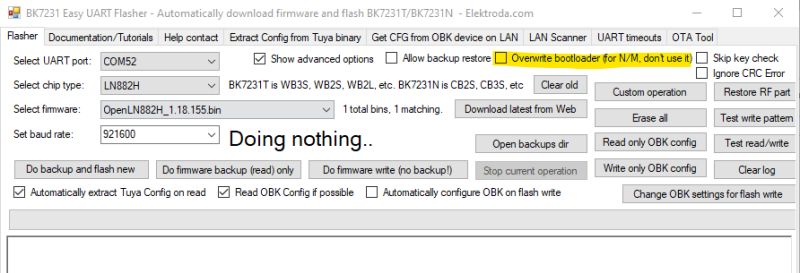 Screenshot of BK7231 Easy UART Flasher with bootloader overwrite checkbox visible