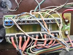 Zbliżenie na płytkę elektroniki centralki bramy z wieloma kolorowymi przewodami