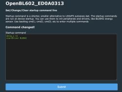 OpenBL602 screenshot: “Startup command” box showing “delay_s 11” and “startDriver BL0942”