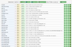 Radio station list editor interface with station names, URLs, and action buttons