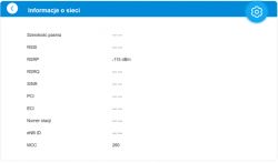 Zrzut ekranu z informacjami o sieci komórkowej, zawierający parametry takie jak szerokość pasma, RSSI, RSRP wynoszący -115 dBm, RSRQ, SINR, PCI, ECI, numer stacji, eNB ID, oraz MCC wynoszący 260.