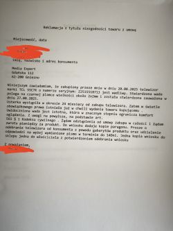 Zdjęcie pisma reklamacyjnego skierowanego do sklepu Media Expert w sprawie wadliwego telewizora.
