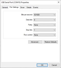 USB Serial Port properties on COM10 settings.