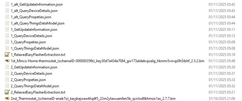 List of JSON and BIN files related to thermostats and device data