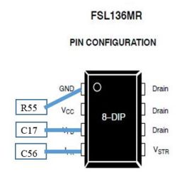 Anschlussplan des FSL136MR-IC mit den verbundenen Bauteilen R55, C17 und C56.