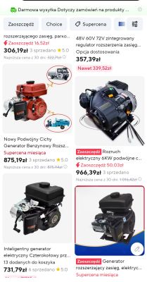 Zestaw zdjęć chińskich generatorów spalinowych i elektrycznych o różnych mocach i cenach.