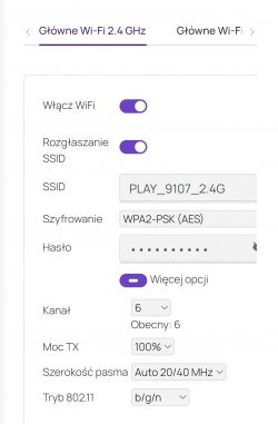 Zrzut ekranu ustawień Wi-Fi na częstotliwości 2,4 GHz.