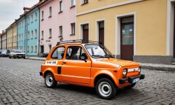 Orange Retro Car on Cobblestone Street An orange retro car parked on a cobblestone street with colorful buildings in the background.